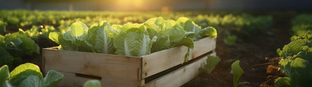 Iceberg lettuce in a wooden box with field and sunset in the background. Natural organic fruit abundance. Agriculture, healthy and natural food concept. Horizontal composition.の素材