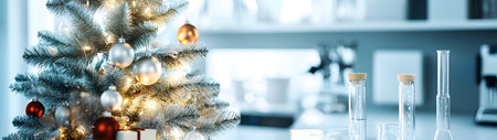 Decorated Christmas tree with gifts inside a laboratory with appliances and glass tubes in the background. Concept of Christmas celebration during working.の素材