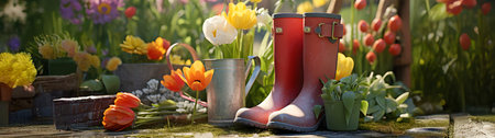 Gum boots with spring flowers and gardening tools with grass growing through the melting snow and moss. Concept of gardening, spring coming and winter leaving.の素材