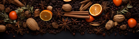 Christmas spices, fruit pieces, baubles, seeds and leaves abstract background. Horizontal composition, banner.の素材