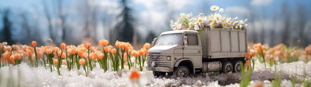 Vintage truck with spring flowers on a meadow with grass and flowers growing through the melting snow. Concept of spring coming and winter leaving.の素材