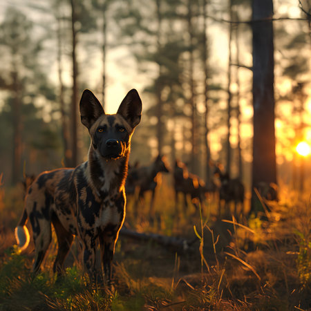 Wild dogs standing in the forest with setting sun shining. Group of wild animals in nature.の素材