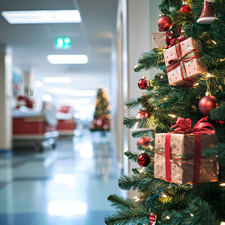 Decorated Christmas tree with gifts inside a hospital with medical appliances in the background. Concept of Christmas celebration during working.の素材