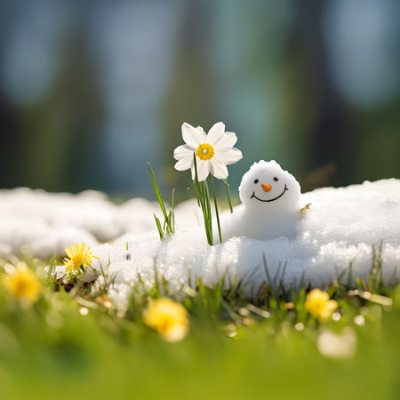 Snowman on a meadow with grass and spring flowers growing through the melting snow. Concept of spring coming and winter leaving.の素材