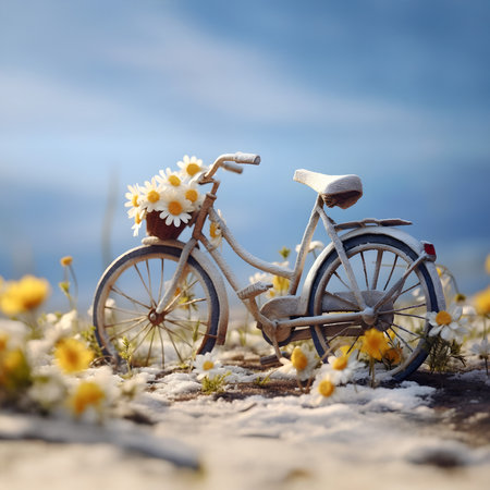 Vintage bicycle full of spring flowers in the basket standing on a meadow with grass growing through the melting snow. Concept of spring coming and winter leaving.の素材