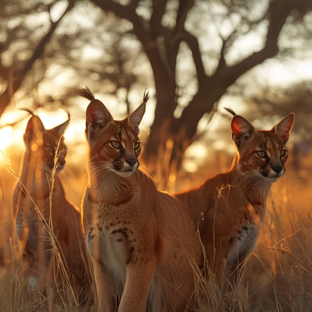 Caracal family in the savanna with setting sun shining. Group of wild animals in nature.の素材