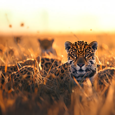 Jaguars standing in the savanna with setting sun shining. Group of wild animals in nature.の素材