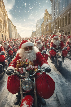 Group of Santa Clauses riding motorcycles carrying gifts on the town street in winter. Concept of technology, delivery, logistics, innovation and Christmas.の素材
