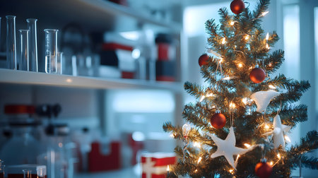 Decorated Christmas tree with gifts inside a laboratory with appliances and glass tubes in the background. Concept of Christmas celebration during working.の素材