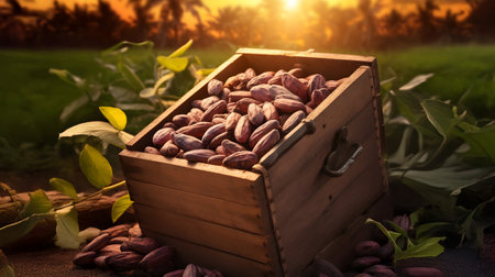 Cocoa beans harvested in a wooden box in a plantation with sunset. Natural organic fruit abundance. Agriculture, healthy and natural food concept. Vertical composition.の素材