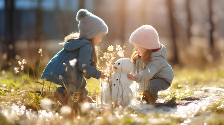 Children playing with snowman on a meadow with grass and spring flowers growing through the melting snow. Concept of spring coming and winter leaving.の素材