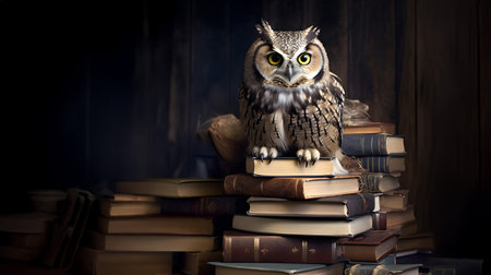 Owl sitting on book piles. Concept of cleverness, wisdom, intelligence, learning and knowledge.の素材