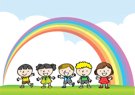 cartoon kids with rainbow backgroundのイラスト素材