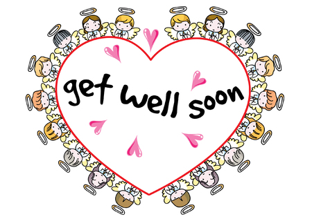 Angel design collection border in heart shape with get well soon text.のイラスト素材
