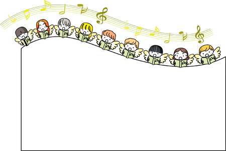 Angels with musical notes design border illustration.のイラスト素材