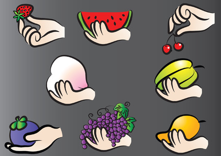 Hand holding different fruits on gray backgroundのイラスト素材