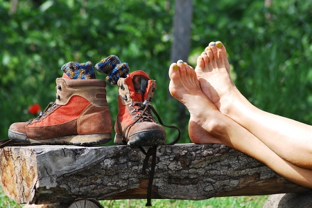 Trekking break with shoes offの写真素材