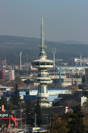 Thessaloniki Fair area with OTE tower viewed from the White Towerのeditorial素材