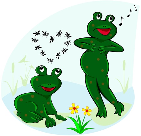 	 The illustration shows two funny green frogs that sing and dream.のイラスト素材
