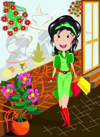 	 The illustration shows a young happy woman in a green dress who walks down the street against the background of windows and flowers.のイラスト素材