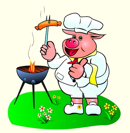 Pig chef prepares sausages on the barbecue  のイラスト素材