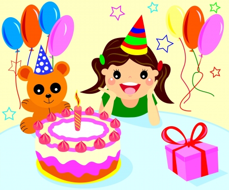 Happy little girl celebrating her birthday with cake and balloons   のイラスト素材