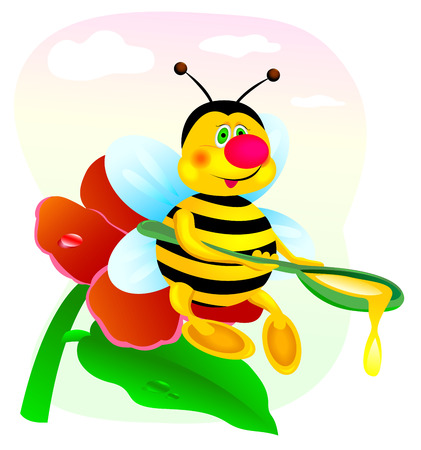 Bee sitting on a red flower with a spoonful of honey in his handsのイラスト素材