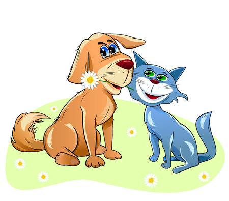 Dog and cat sitting together side by side.のイラスト素材