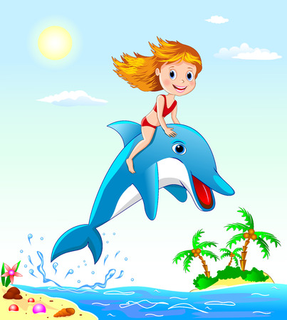 Little girl sits astride a dolphin. Girl playing with a dolphin.のイラスト素材