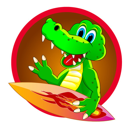 Cartoon surfer crocodile. Crocodile with a board for surf. Icon surfer crocodile.のイラスト素材