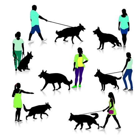 People on the walk with the dog. Silhouettes of people and a German Shepherd.  A set of silhouettes of people and dogs.のイラスト素材