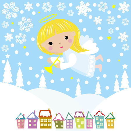 Christmas Angel flies in the night sky over the city and trees. Greeting card with Christmas angel.のイラスト素材