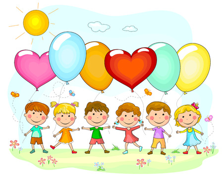 Group of children with balloons. Cartoon kids with balloons in nature.のイラスト素材