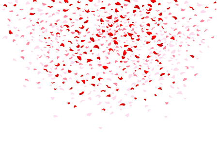 Background of red and pink hearts. Hearts like confetti. Red and pink hearts on a white background. Decorative background for Valentine's Day.のイラスト素材