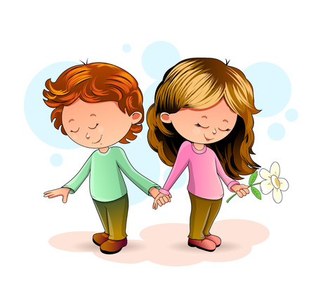 Girl and boy standing together and holding hands.のイラスト素材