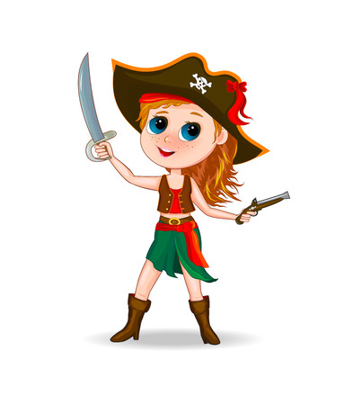Little girl in a pirate costume. Cartoon girl dressed in a pirate costume , with hat on head and sword in hand.のイラスト素材