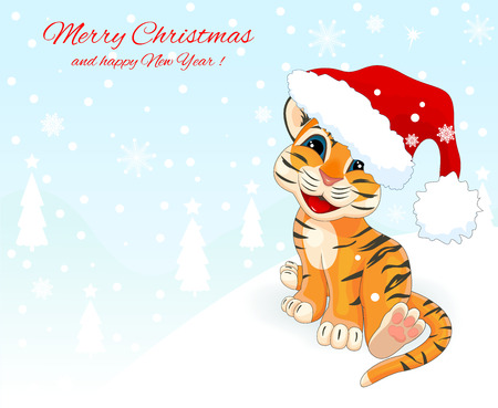 Christmas card with a little tiger cub. Greeting card with a tiger. Little tiger with a Santa Claus hat on a winter background.のイラスト素材