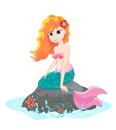 A beautiful mermaid sits on a sea stone.  Mermaid on a white background.                                                            のイラスト素材