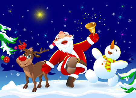 Santa Claus, deer Rudolph and snowman in the winter forest. Merry Santa Claus, deer and snowman are happy on Christmas night.                                                                                                                                                                   のイラスト素材