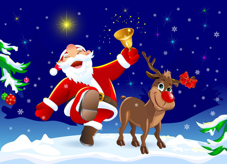Santa Claus and deer in the winter forest. Merry Santa Claus and deer rejoice on Christmas Eve.                                                                                                                                                                       のイラスト素材