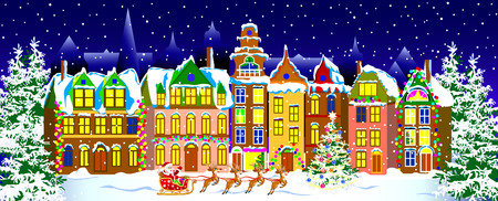 City in the winter night on Christmas Eve.                                                                                                                                      のイラスト素材