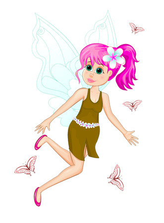 Cartoon fairy in dress and with flower in hair on white background. Flying fairy and butterflies.のイラスト素材