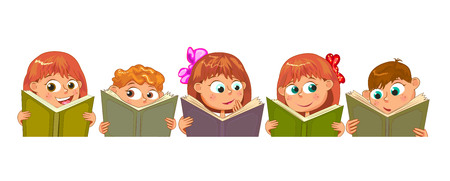 Happy little children read books. Children with books on a white background.のイラスト素材