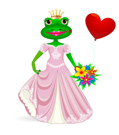 Cartoon princess frog with heart and flowers in their hands.のイラスト素材