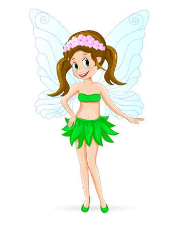 Cartoon fairy on a white background. The fairy is dressed in a skirt of green leaves and with flowers in her hair.のイラスト素材