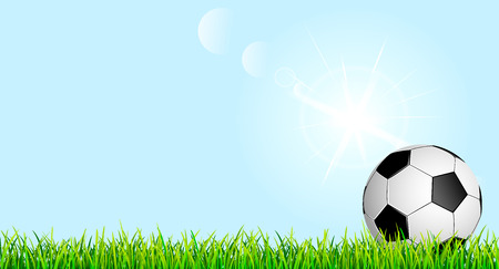 Banner with soccer ball and grass lawn. Soccer ball on green grass against the blue sky.のイラスト素材