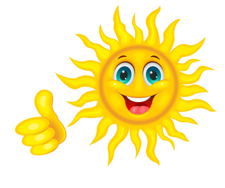 A cheerful cartoon sun on a white background. Smiling sun and hand with a finger raised up.のイラスト素材