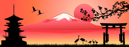 Silhouette Fuji mountain at sunset. Landscape, Mount Fuji. Mount Fuji on a pink background. のイラスト素材