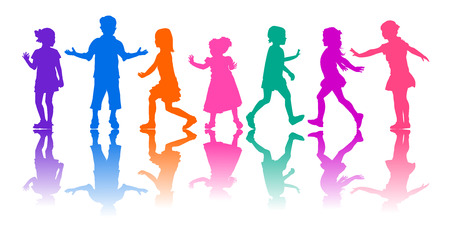 Colored silhouettes of children on a white background. Young children in motion. Children are active.のイラスト素材