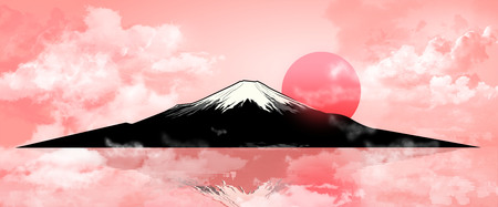 Silhouette Fuji mountain at sunset. Landscape, Mount Fuji. Mount Fuji on a pink background.の写真素材